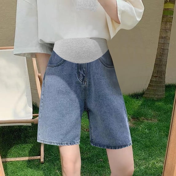 BRGZLK Maternity Denim Shorts Casual Fashion Summer Over Belly High Waist Stretch Outerwear Casual Pants with Pockets,Pregnancy Clothes Blue M
