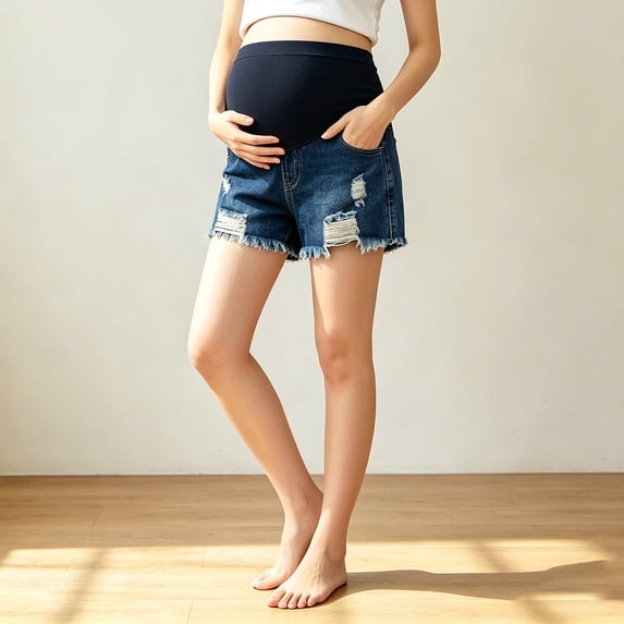 BRGZLK Maternity Denim Shorts Summer High Waist Belly Support Ripped Distressed Hem Jean Shorts Trendy Comfy Summer Pregnancy Shorts for Daily Dark Blue M