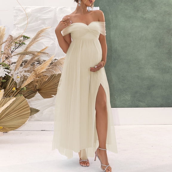 BRGZLK Maternity Dress Off Shoulder Mesh High Slit Robe Maxi Pregnancy Photoshoot Dress for Baby Shower White XL