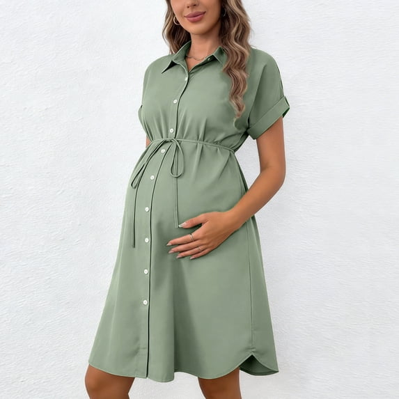 BRGZLK Maternity Dress Trendy Spring Summer Solid Color Short Sleeve Turn Down Collar Button Casual Midi Dress with Fashion Belt Shirt Style Maternity Knee Length Dress Green XXL