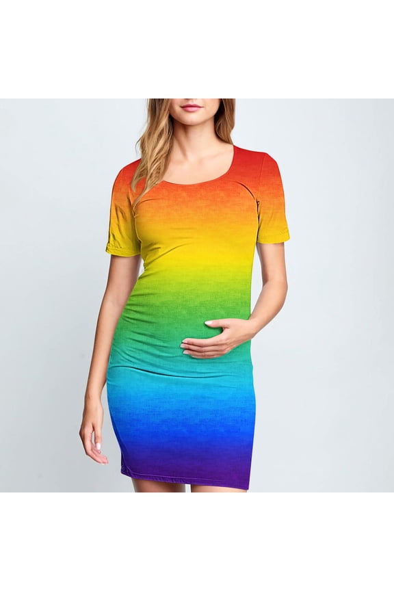 Maternity Dress For Women Short Sleeve Round Neck Pleated Printed Casual Style Knee-Calf Length Fashion Maternity Wear For Everyday Casual Occasions