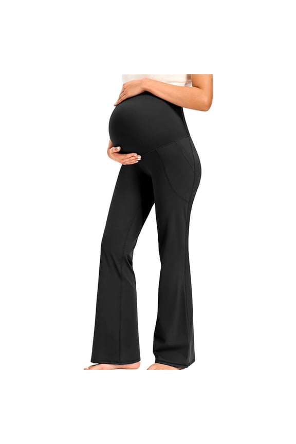 Maternity Flare Leggings 2026 Solid Color Trendy Over The Belly High-Elastic Soft Comfortable Pregnancy Wide Leg Trousers with Side Pockets Black M