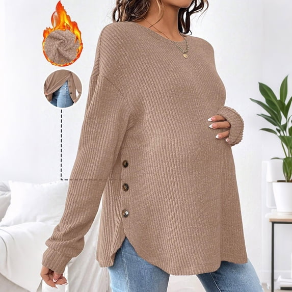 BRGZLK Maternity Long Sleeve Tops Casual Solid Color Lightweight Knit Ribbed Round Neck Fitted Tulip Hem Elastic Tops Button Decor Tunic Tops Khaki M