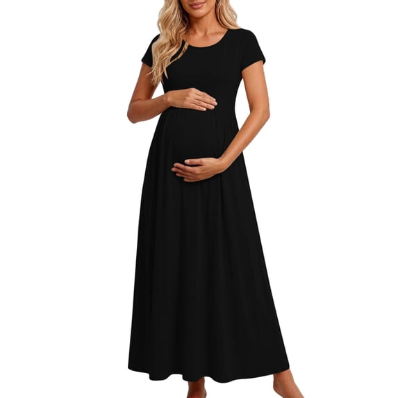 BRGZLK Maternity Maxi Dress Women Summer Solid Color Empire Waist Stretch Fitted Casual Wrap Long Dress Baby Shower Pregnancy Dresses Black S