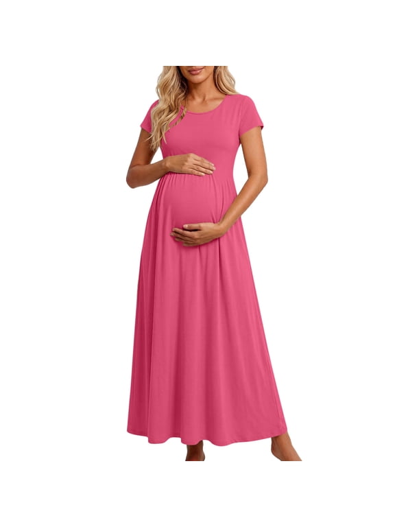 Maternity Maxi Dress Women Summer Solid Color Empire Waist Stretch Fitted Casual Wrap Long Dress Baby Shower Pregnancy Dresses Hot Pink XXL