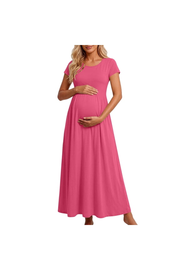 Maternity Maxi Dress Women Summer Solid Color Empire Waist Stretch Fitted Casual Wrap Long Dress Baby Shower Pregnancy Dresses Hot Pink XXL