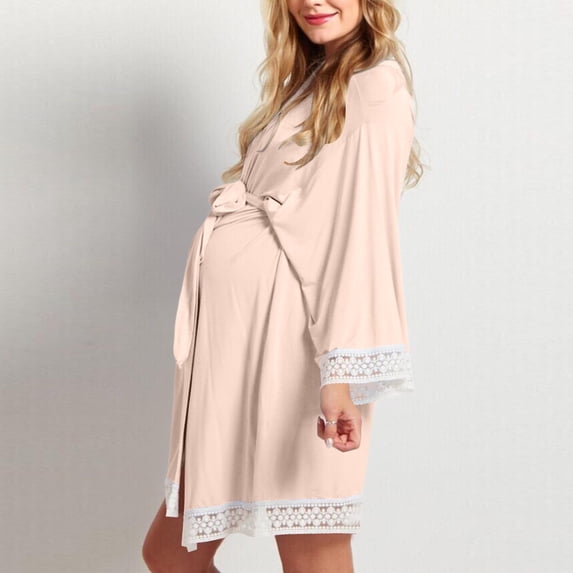 BRGZLK Maternity Nursing Robe Summer Soft Comfortable Long Sleeve Loose V Neck Lace Trim Nightgown with Adjustable Waistband for Breastfeeding Pink XL