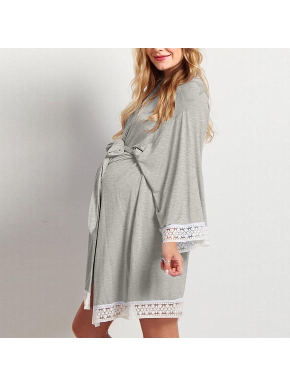 Maternity Nursing Robe Summer Soft Comfortable Long Sleeve Loose V Neck Lace Trim Nightgown with Adjustable Waistband for Breastfeeding Gray M