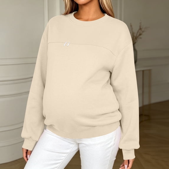 BRGZLK Maternity Nursing Sweatshirt for Women Stylish Crewneck Hidden Zip Nursing Sweatshirt Casual Long Sleeve Postpartum Breastfeeding Pullover Tops Beige XXL