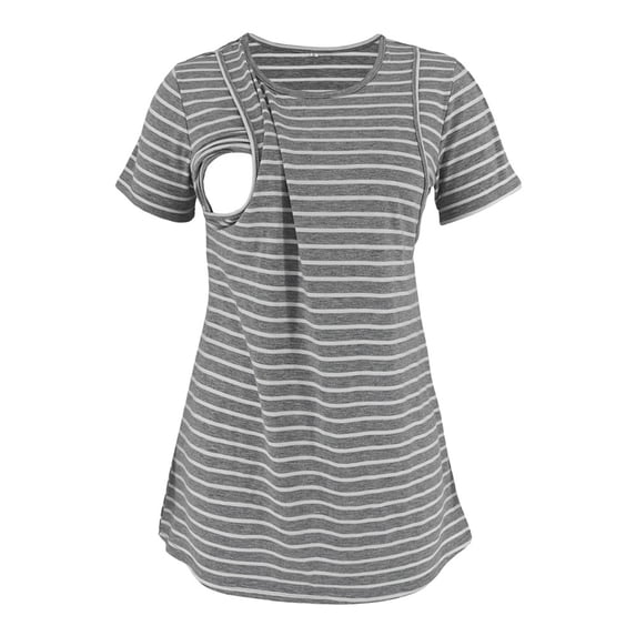 BRGZLK Maternity Nursing Tops for Breastfeeding Summer Casual Comfortable Soft Round Neck Short Sleeve Striped Homewear Top Maternity Postpartum Clothes Gray L