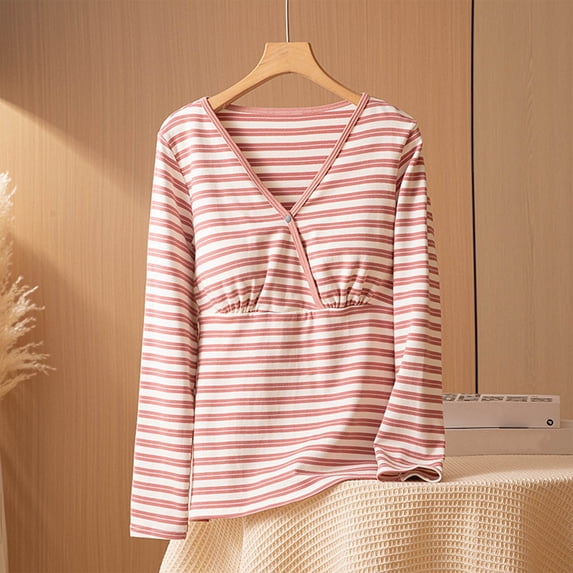 BRGZLK Maternity Nursing Tops Spring Summer Striped Long Sleeve V-Neck Casual Soft Breastfeeding Crossover Base Layer Cotton Top with Removable Padded Bra Pink XL