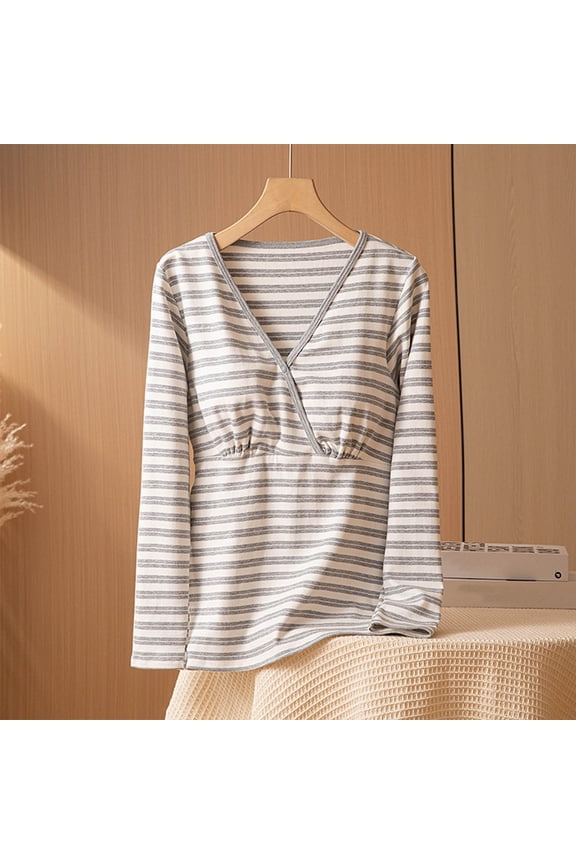 Maternity Nursing Tops Spring Summer Striped Long Sleeve V-Neck Casual Soft Breastfeeding Crossover Base Layer Cotton Top with Removable Padded Bra Gray XXXL