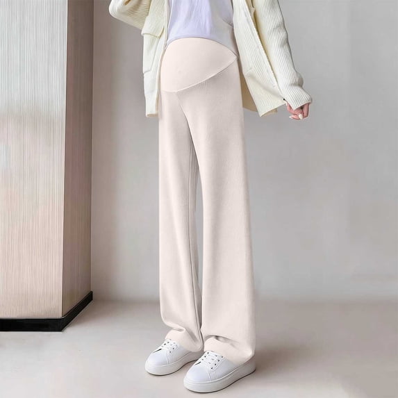 BRGZLK Maternity Pants Spring Summer Solid Color Elastic Waist Soft Comfy Loose Fit Stretchy Outerwear Belly Support Pregnancy Pants Beige A XL