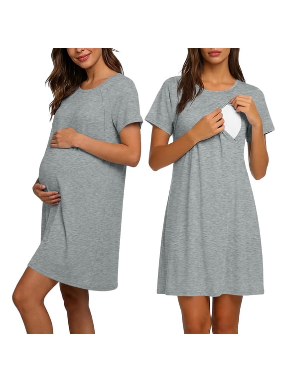 Maternity T-Shirt Dress 2026 Solid Color Round Neck Short Sleeve Nursing Gown Soft Comfortable Breasfeeding Sleepwear for Daily Wear Gray XXL