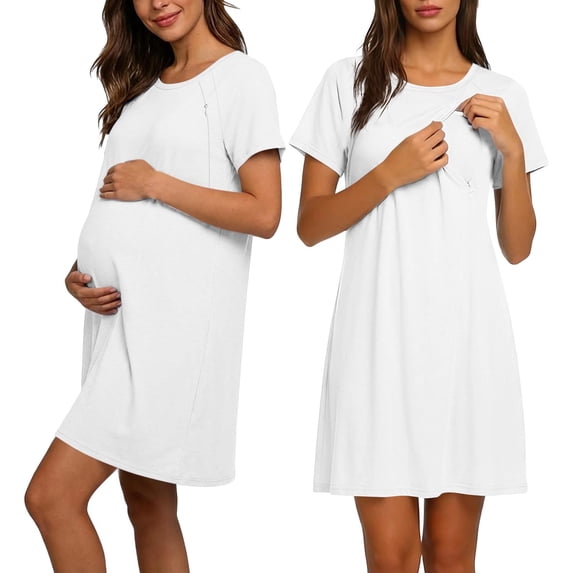 BRGZLK Maternity T-Shirt Dress 2026 Solid Color Round Neck Short Sleeve Nursing Gown Soft Comfortable Breasfeeding Sleepwear for Daily Wear White M