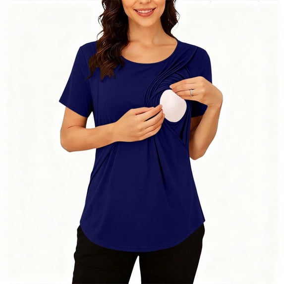 BRGZLK Maternity T-Shirts for Women 2026 Trendy Short Sleeves Crew Neck Solid Color Top Tees Pregnancy Summer Clothes Navy XL