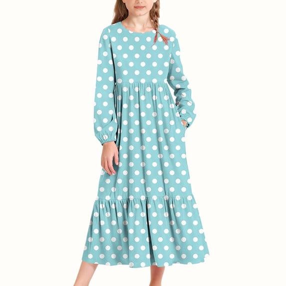 BRGZLK Maxi Dresses for Girls Polka Dot Print Long Sleeve Round Neck Casual Cozy Long Dress with Side Pocket Light Blue 12-13 Years