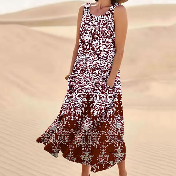 BRGZLK Maxi Dresses for Women 2026 Sleeveless Round Neck Print Long Dress with Pocket Boho Cute Summer Dresses Red M