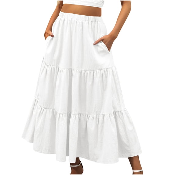 BRGZLK Maxi Skirt for Women Summer Casual Elegant Boho Flowy Ruffle Elastic High Waist Beach Vacation Solid Color Pleated A-Line Skirts with Pocket White L