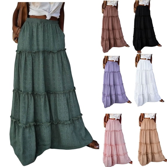 BRGZLK Maxi Skirts For Women Summer Eyelet Lace Boho Flowy Long Tiered Ruffle Skirt with Pockets Elastic High Waisted A Line