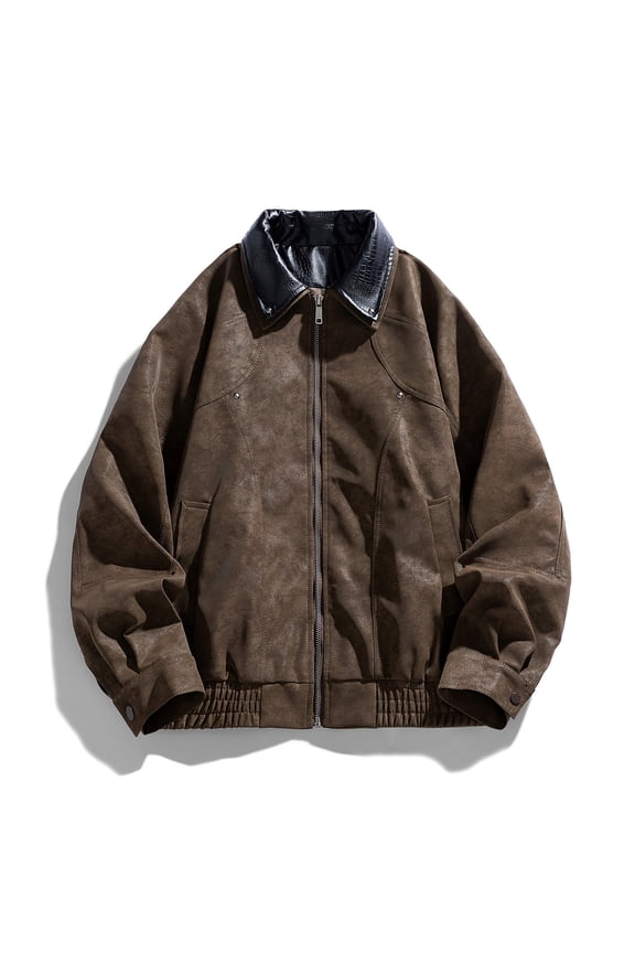 Men Coats Faux Leather Varsity Jacket Full Zip Up Fashion Solid Color Long Sleeve Laper Collar Trendy Bomber Jackets Outwear Coffee L