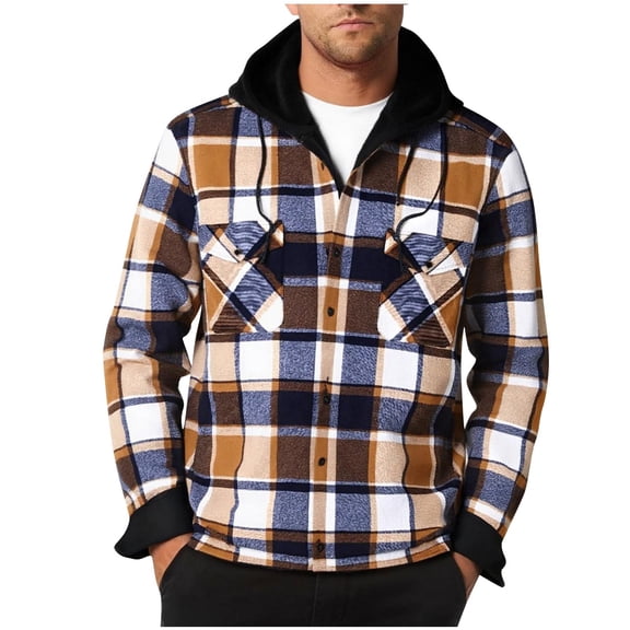 BRGZLK Men Coats Plaid Button Up Hooded Long Sleeve Sports Suit Thickened Warm Cotton Coat Trendy Casual Jacket for Fall Winter Yellow XXL