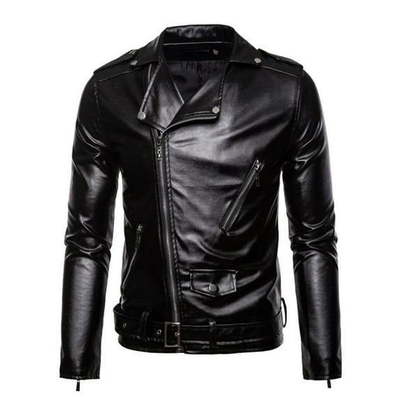 BRGZLK Men Coats Slim Tight Zipper Leather Coat Fashion PU Leather Jacket Mens Long Sleeve Fall Winter Motorcycle Leather Jacket Black L
