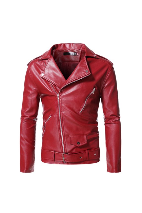 Men Coats Slim Tight Zipper Leather Coat Fashion PU Leather Jacket Mens Long Sleeve Fall Winter Motorcycle Leather Jacket Red XXS