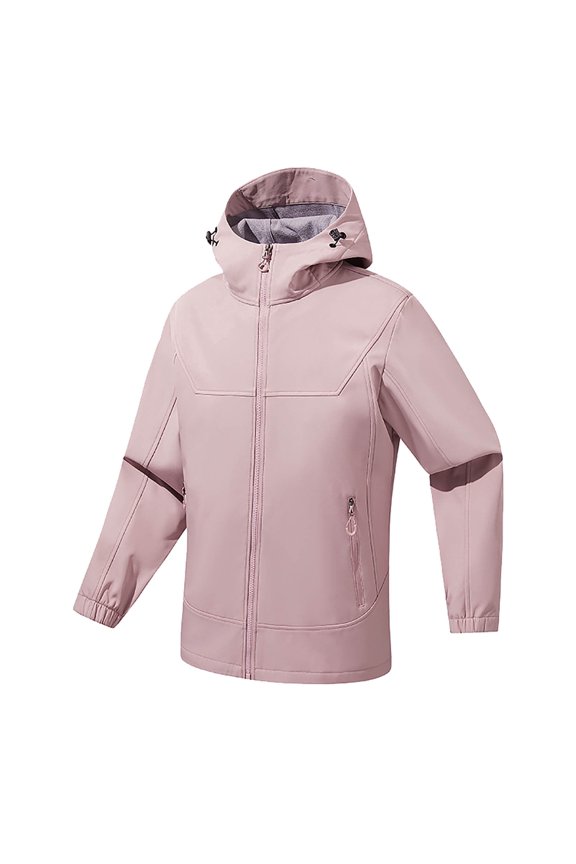 Men Coats Solid Color Outdoor Pocket Zipper Long Sleeve Windproof Water Splash Proof Fleece Lined Windbreaker Hooded Coat for Fall Winter Pink S