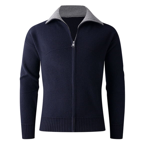BRGZLK Men Coats Turn Down Collar Casual Color Blocking Casual Knitting Shirt Zipper Sweater Cardigan Long Sleeve Coat Navy L