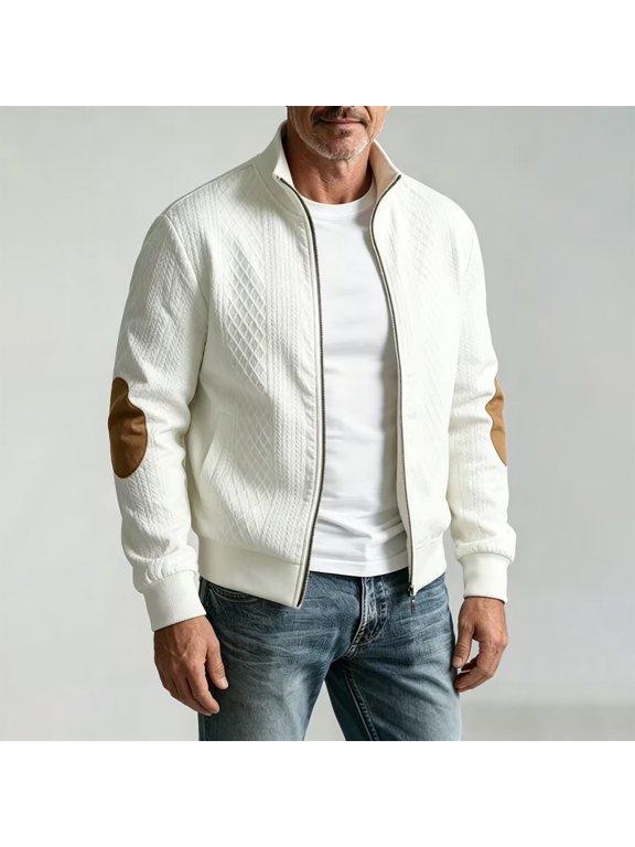 Men Elbow Patch Jackets 2026 Stylish Stand Collar Full Zip Long Sleeve Sweater Soft Comfortable Loose Fit Cardigan Jacquard Jacket Tops fior Daily Wear White S