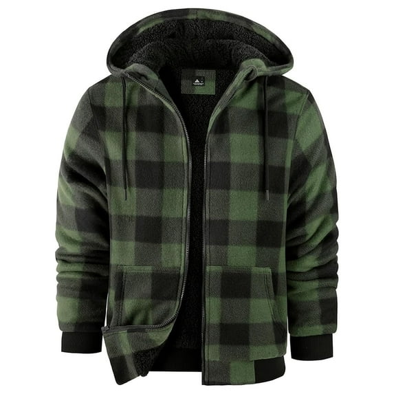 BRGZLK Men Flannel Hooded Sweatshirt Fashion Plaid Full Zipper Jacket Men Warm Long Sleeve Sherpa Hooded Top Green M