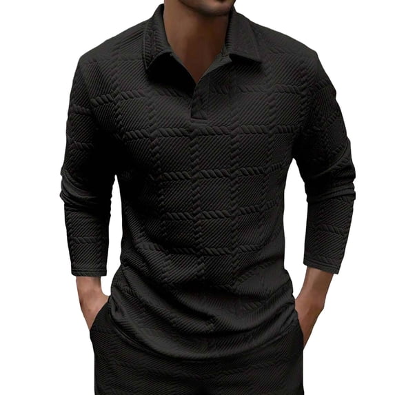 BRGZLK Men Long Sleeve Textured Shirts Stylish Solid Color Turn-Down Collar Loose Fit Pullover Tops for Casual Workwear Office, Men Golf Shirts Black XL