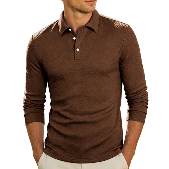 BRGZLK Men Long Sleeve Textured Shirts Stylish Solid Color Turn-Down Collar Loose Fit Pullover Tops for Casual Workwear Office, Men Golf Shirts Coffee XL