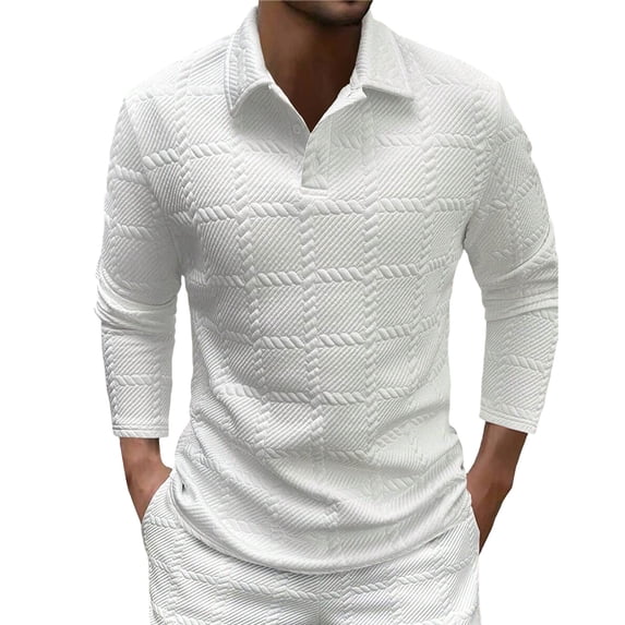 BRGZLK Men Long Sleeve Textured Shirts Stylish Solid Color Turn-Down Collar Loose Fit Pullover Tops for Casual Workwear Office, Men Golf Shirts White XL