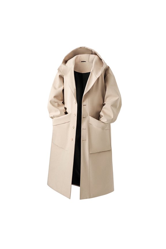 Men Overcoat Fashion Solid Color Mid Length Button Up Hooded Casual Pocket Long Sleeved Windbreaker Jacket Daily Trendy Clothes Khaki XXL
