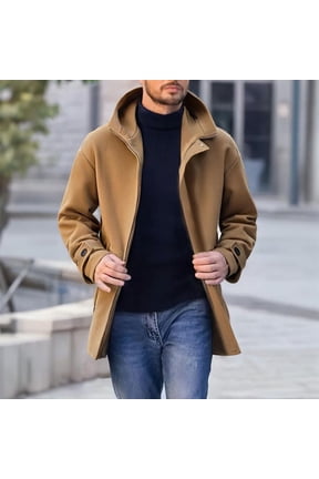 Men Peacoat Casual Fashion Pocket Zipper Solid Color Turn Down Collar Hooded Overcoat Winter Outdoor Sport Coat Brown XL