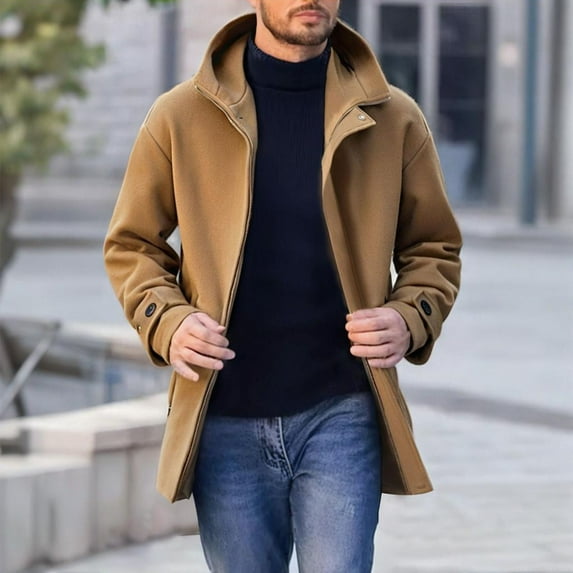 BRGZLK Men Peacoat Casual Fashion Pocket Zipper Solid Color Turn Down Collar Hooded Overcoat Winter Outdoor Sport Coat Brown XXXXL