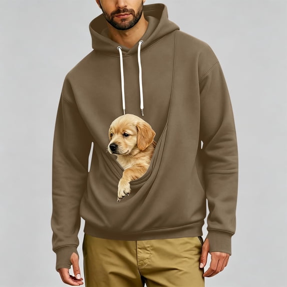 BRGZLK Men Pet Pouch Hoodie Autumn Winter Solid Color Round Neck Cat Dog Carrier Hoodies Stylish Sweatshirt Unisex Animal Holder Pullover Tops Brown M
