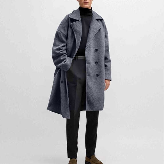 BRGZLK Men Solid-Color Woolen Mid Length Double Breasted Casual Fashion Pocket Long Sleeve Turn Down Collar Trench Coat Gray XXXL