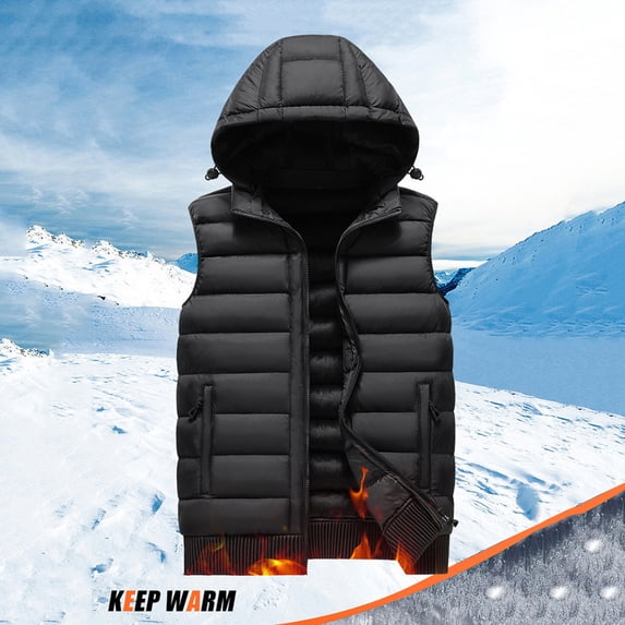 BRGZLK Men Vest Detachable Hood Fleece Lined Plush Men Thickened Hooded Down Cotton Vest Sleeveless Zipper Pocket Warm Vest Coat Black XXXXL