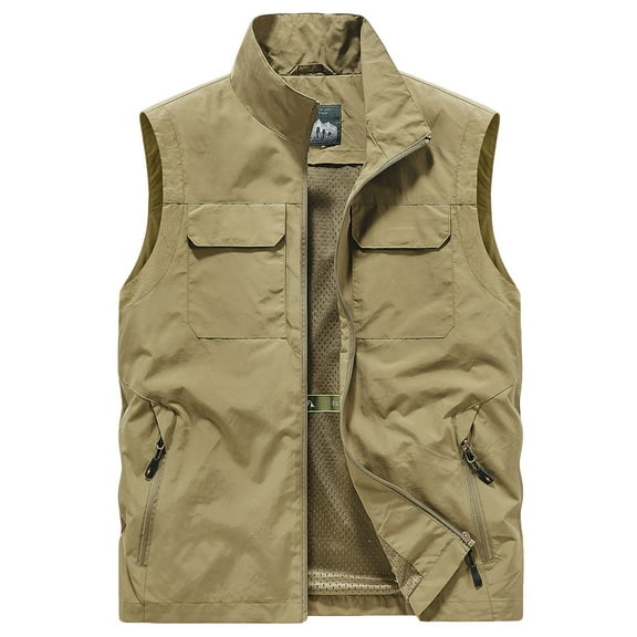 BRGZLK Men Waistcoat Solid Color Fashion Zipper Standing Collar Have Pockets Sleeveless Outwear Casual Cozy Winter Outcoats Khaki XXL