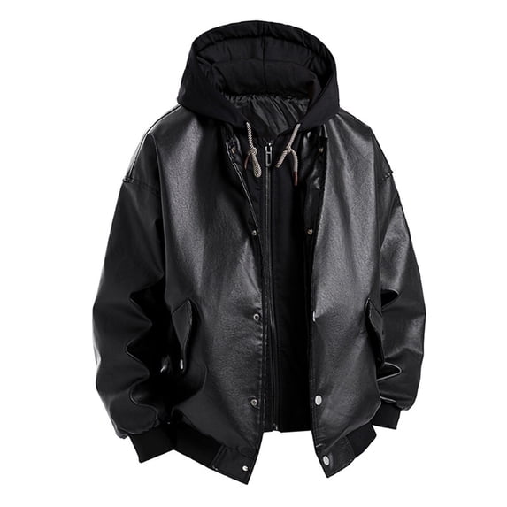 BRGZLK Men Winter Coats Solid Color Leather Coat Fashion PU Leather Long Sleeve Hooded Fake Two Piece Riding Trendy Leather Coat Black L
