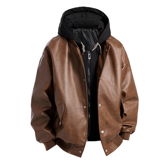BRGZLK Men Winter Coats Solid Color Leather Coat Fashion PU Leather Long Sleeve Hooded Fake Two Piece Riding Trendy Leather Coat Brown XXL