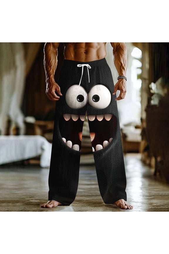 Men's Baggy Pants Wide Leg Funny Meme Elastic Waist Drawstring Beach Pants Novelty Graphic Vacation Wide Leg Trouser with Pocket