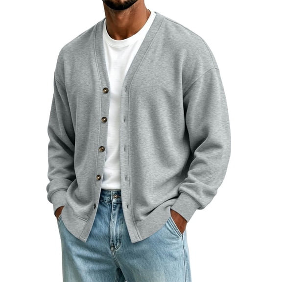 BRGZLK Men's Cardigan Sweaters Long Sleeve V Neck Button Up Solid Color Lightweight Business Knitted Sweater Soft Comfortable Fall Outwear Gray L