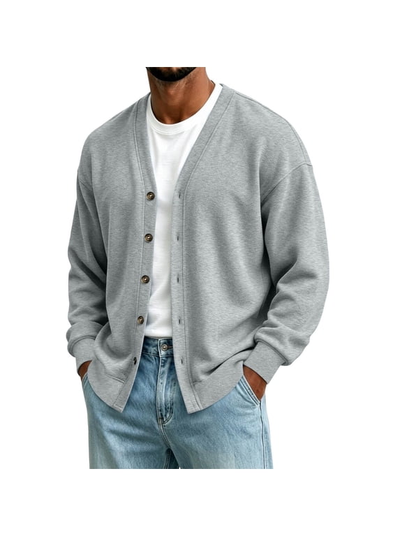 Men's Cardigan Sweaters Long Sleeve V Neck Button Up Solid Color Lightweight Business Knitted Sweater Soft Comfortable Fall Outwear Gray L