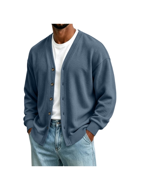 Men's Cardigan Sweaters Long Sleeve V Neck Button Up Solid Color Lightweight Business Knitted Sweater Soft Comfortable Fall Outwear Navy L
