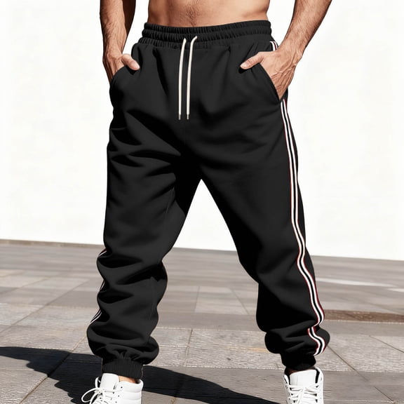 BRGZLK Men's Casual Cargo Pants Solid Color Stripe Retro Loose Sports Heavyweight Drawstring Sweatpants Long Pants with Pocket Black A XXXL