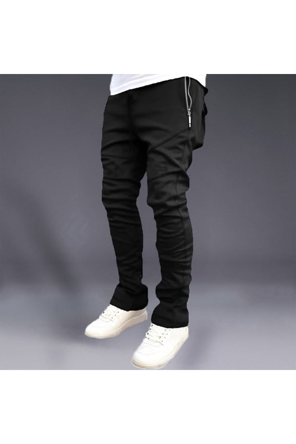 Men's Casual Cargo Pants Workout Joggers Drawstring Waist Pants Stacked Flared Cool Outdoor Sweatpants with Pockets